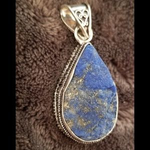 Handmade Rough lapis pendant 2" stamped silver